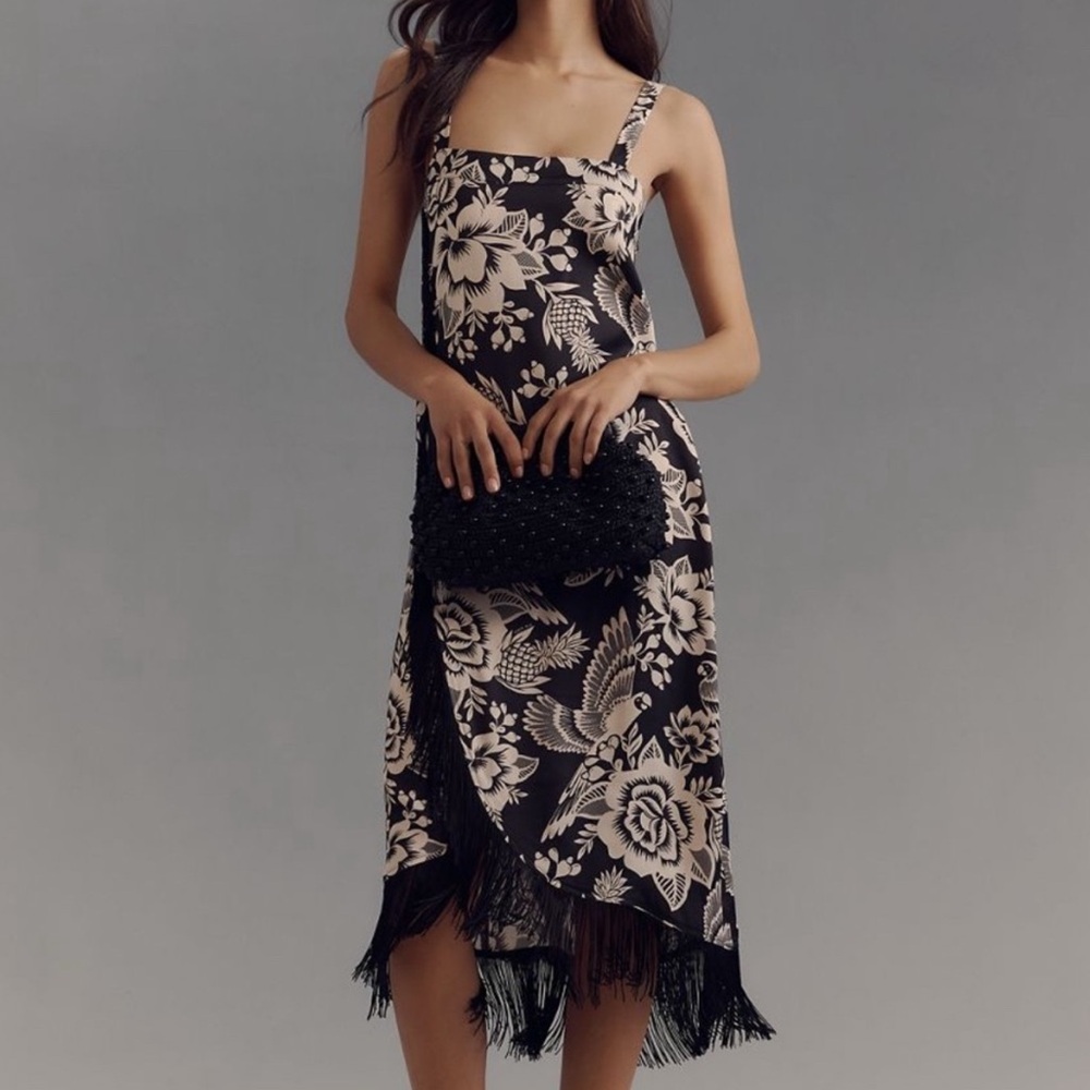 NWT Anthropologie Farm Rio Black and Cream Floral and Bird Pattern Midi Dress Sm